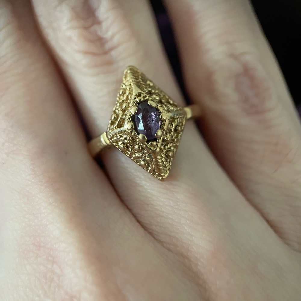 Etruscan 14k Gold Hand Wrought Granulated Filigree Scroll Lozenge Statement Ring - Picture 6 of 15